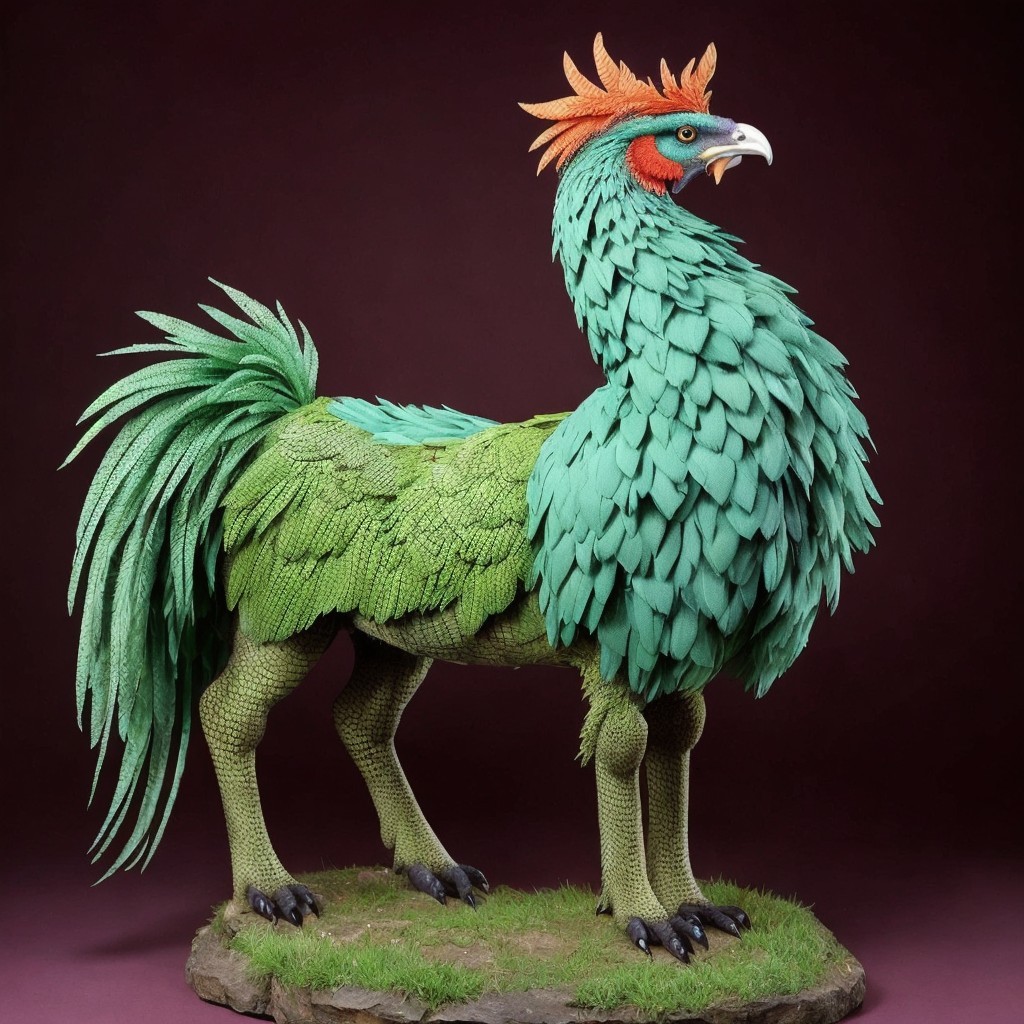 Fantastical Creature with Green Plumage and Red Crest