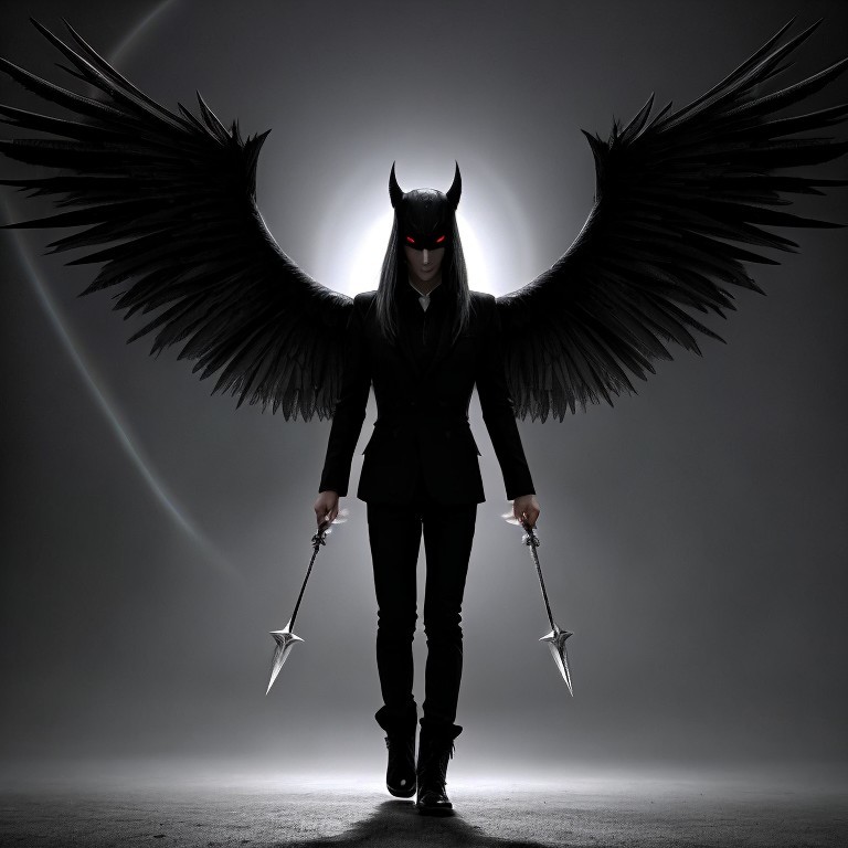Mysterious Figure with Black Wings in Dramatic Light