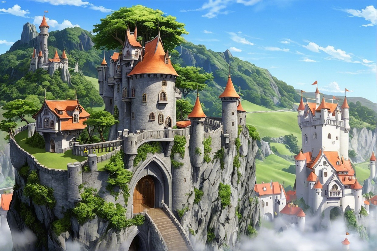 Majestic fantasy castle on a rocky cliff landscape