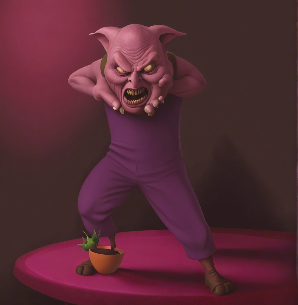 Pink-Skinned Creature on Stage with Dark Background