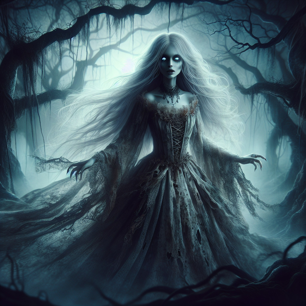 Ghostly Figure in a Dark Misty Forest Scene