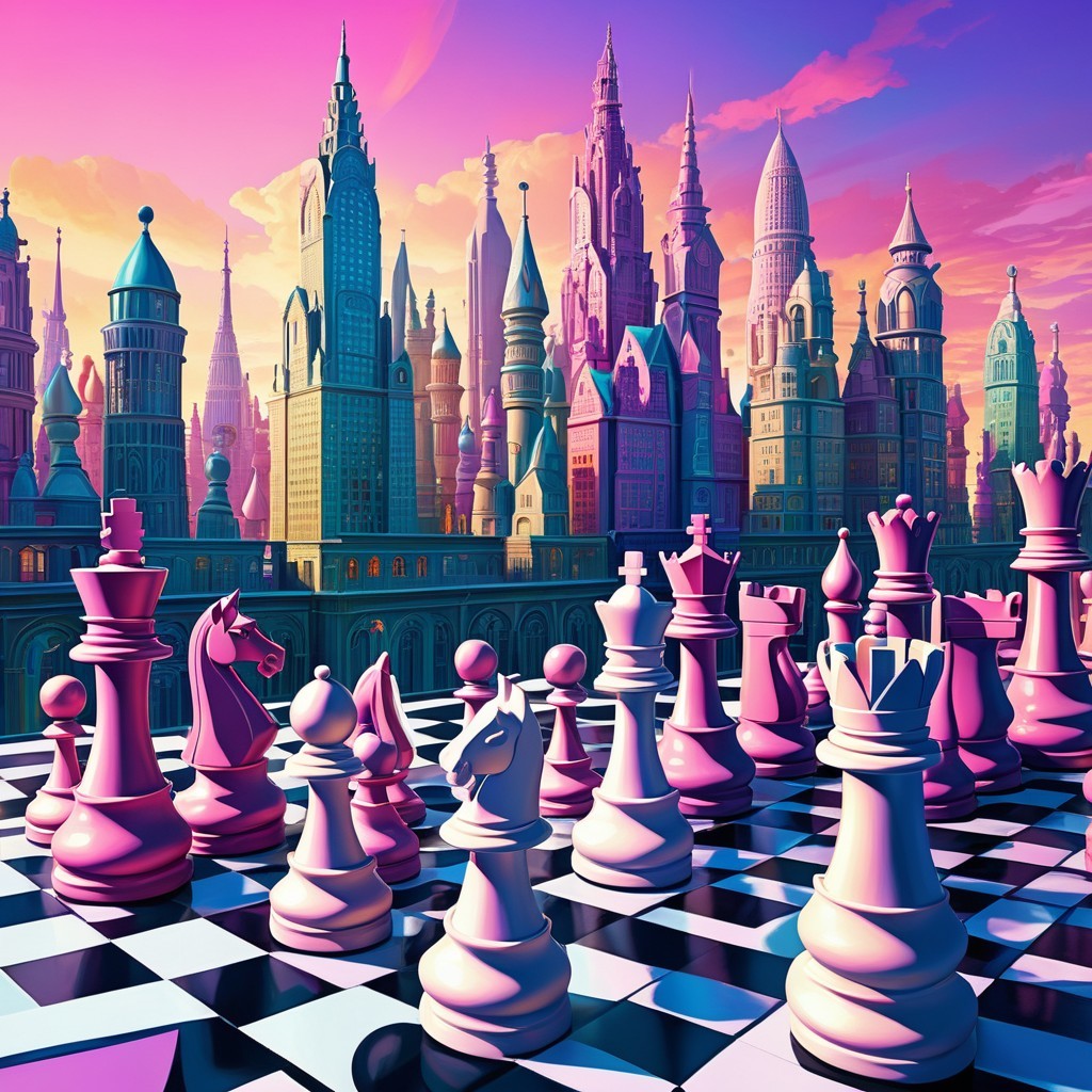 Surreal Chessboard with Fantasy Skyline at Sunset