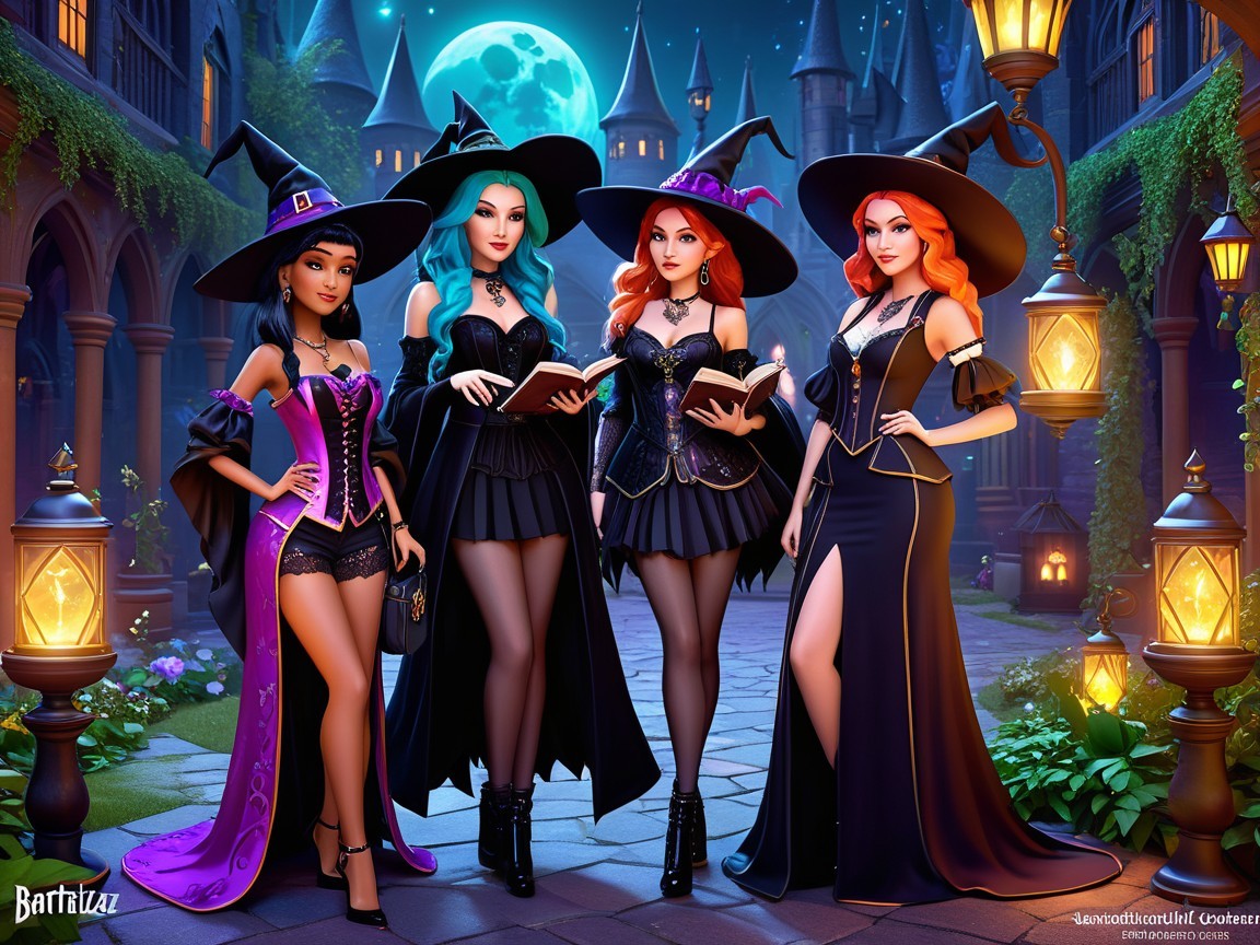 Stylish Witches in Enchanted Moonlit Setting