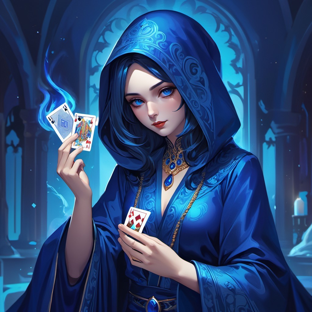 Woman in blue robe with playing cards in mystical setting