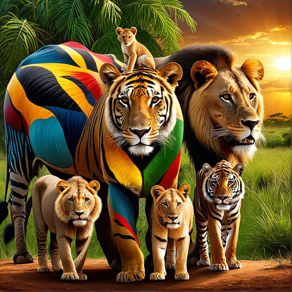 Majestic Lion and Tiger with Colorful Patterns in Savanna