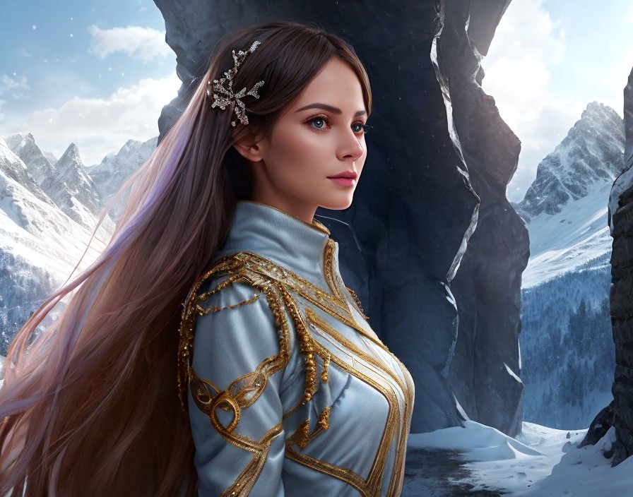 Young Woman in Snowy Landscape with Mountains