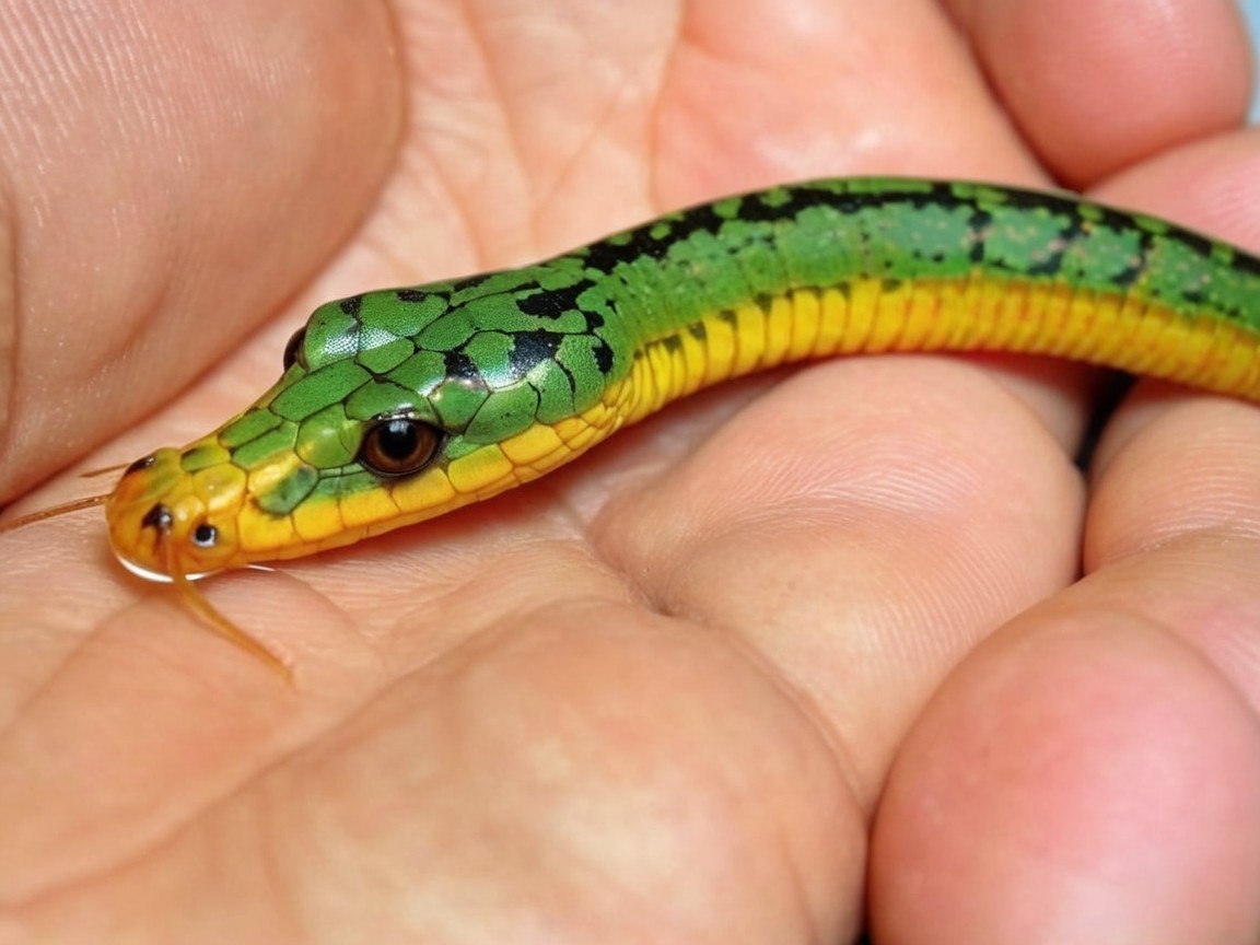 Close-up of a green and yellow patterned snake in hand