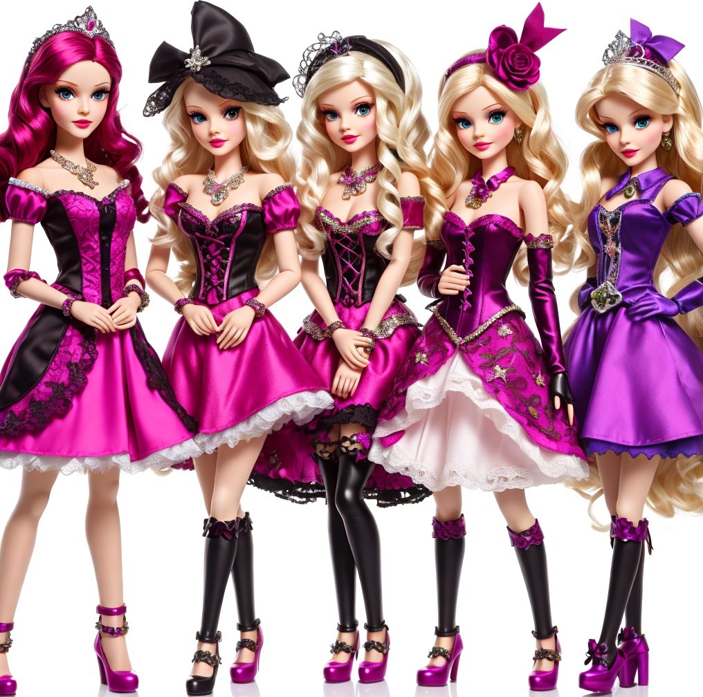 Five Fashion Dolls in Pink and Purple Styles