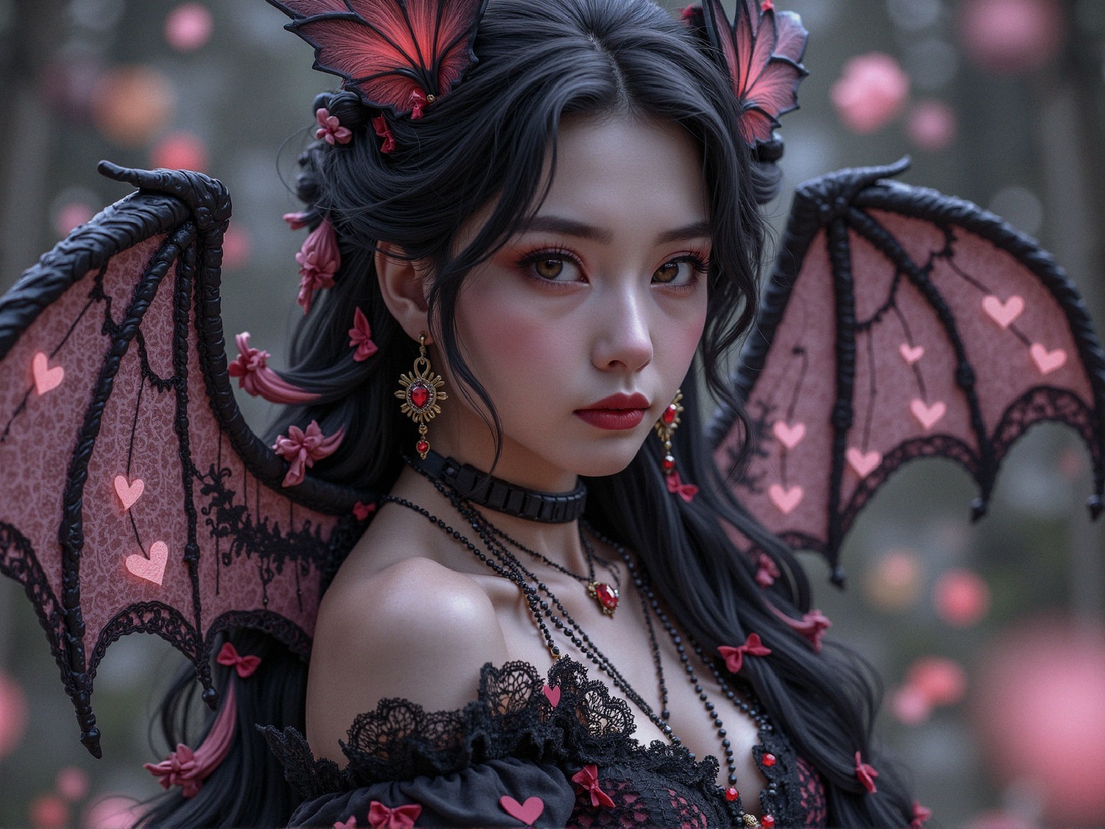 Gothic Figure with Bat Wings and Floral Background