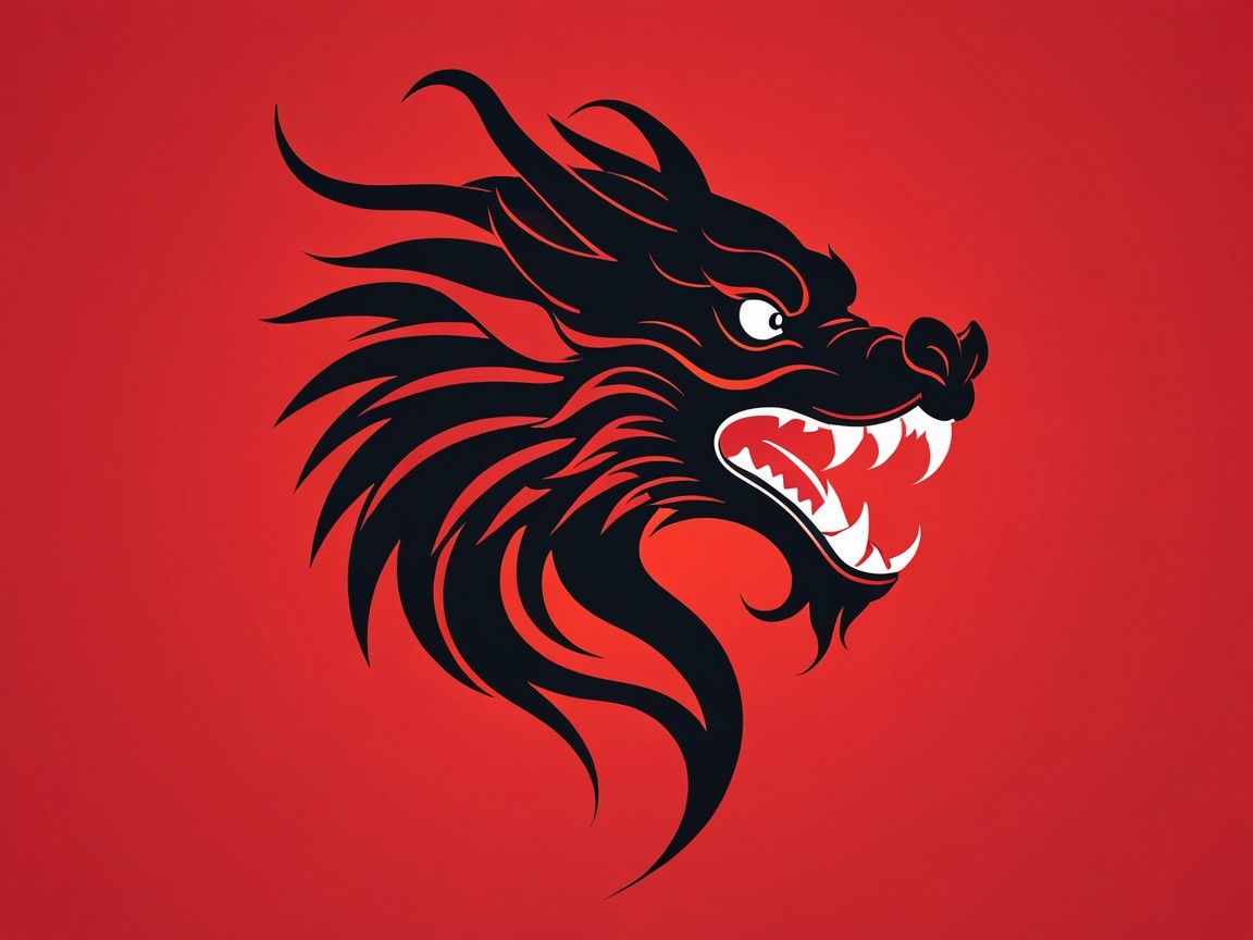 Stylized Black Dragon Head on Red Background