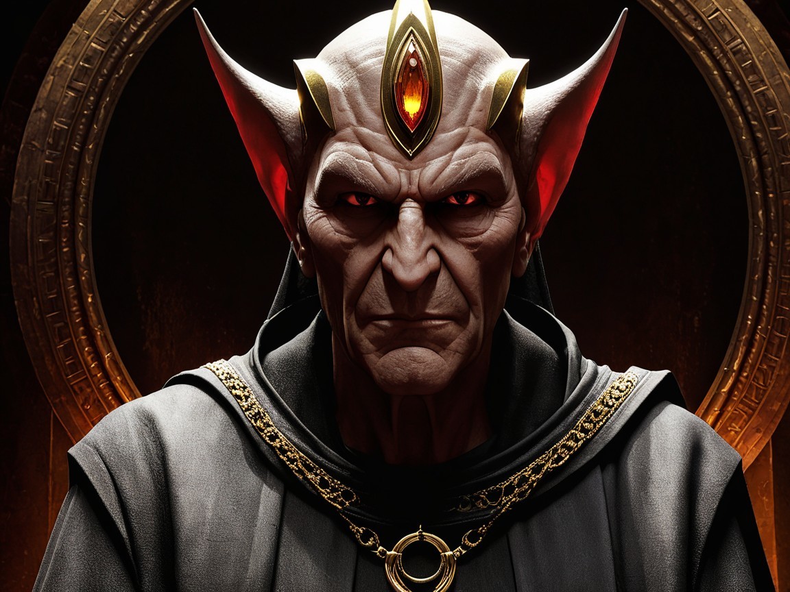 Powerful figure in dark robes with piercing red eyes