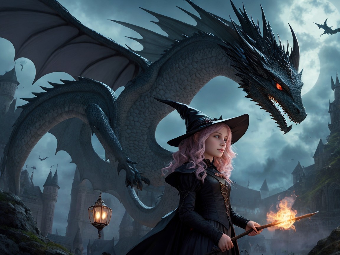 Young witch in dark landscape with dragon and castle
