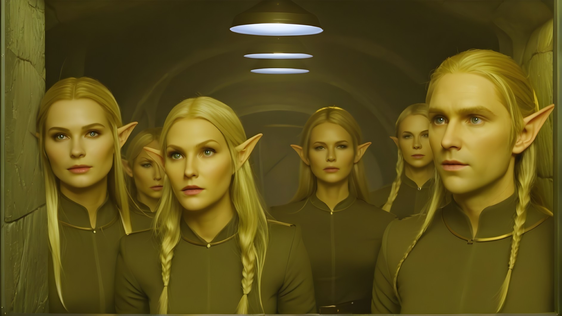 Six Elves in Dimly Lit Corridor with Modern Attire