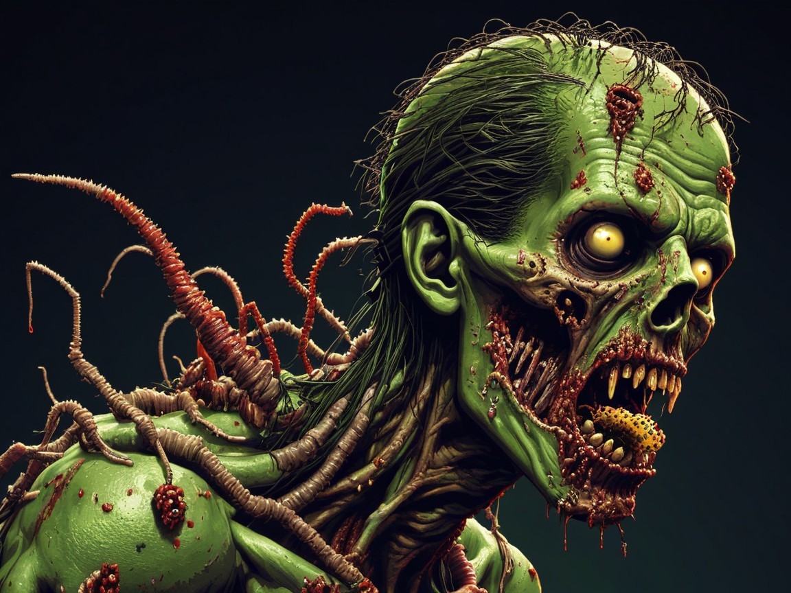 Grotesque Zombie with Green Skin and Eerie Features