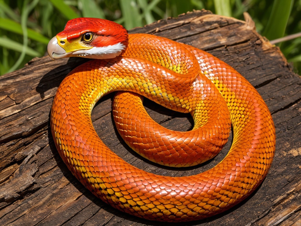 Vibrant Serpent with Bird-Like Head on a Log