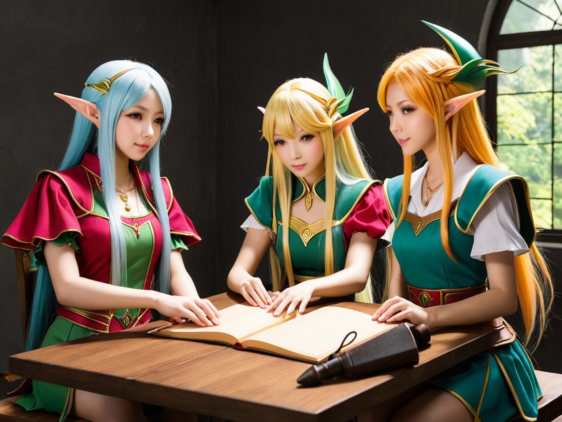 Elegant Female Figures with Elf Features at a Table