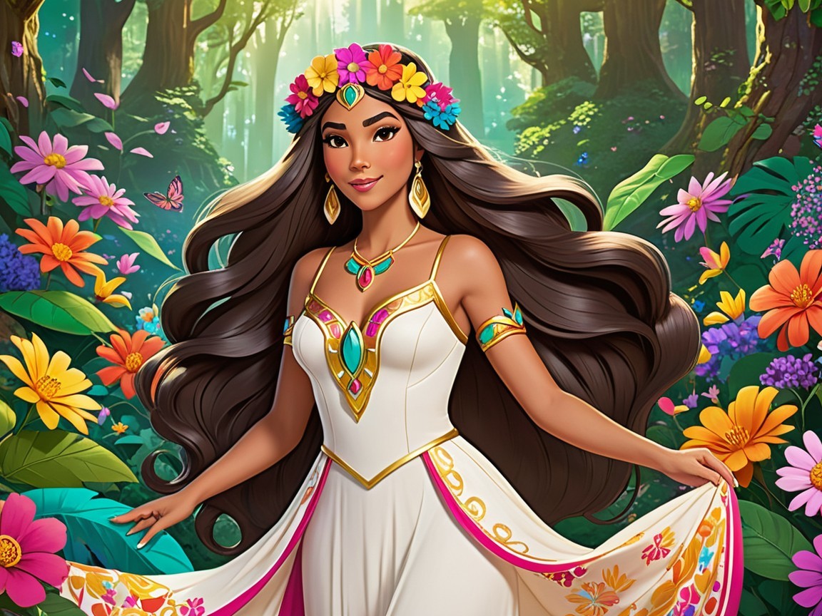 Young Woman in White Gown in Vibrant Forest Setting