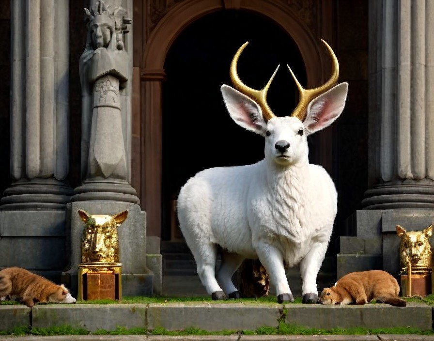 Majestic White Stag at Grand Building Entrance