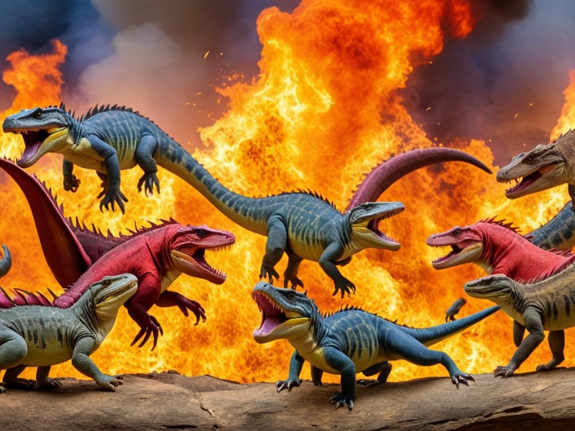 Prehistoric Reptiles in a Fiery Landscape