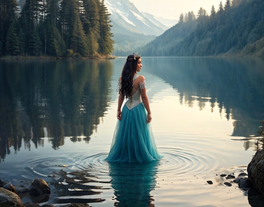 Young woman in blue gown by serene lake and mountains
