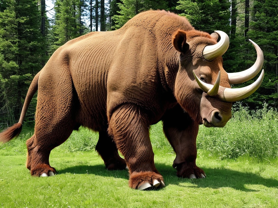 Massive creature in lush meadow with curved horns