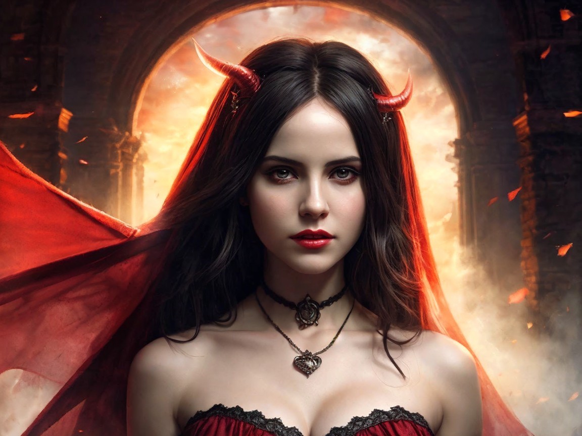 Gothic figure in smoky backdrop with red cape and horns