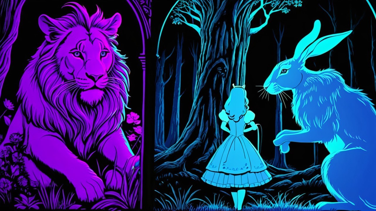 Mystical Scene with Lion, Rabbit, and Alice