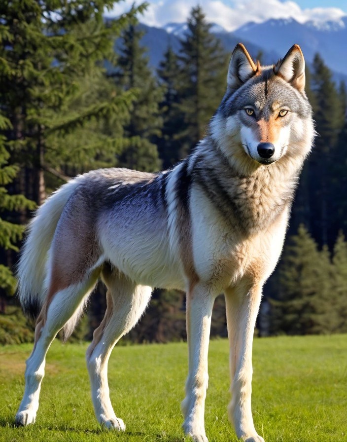 Wolf in Lush Meadow with Pine Trees and Mountains