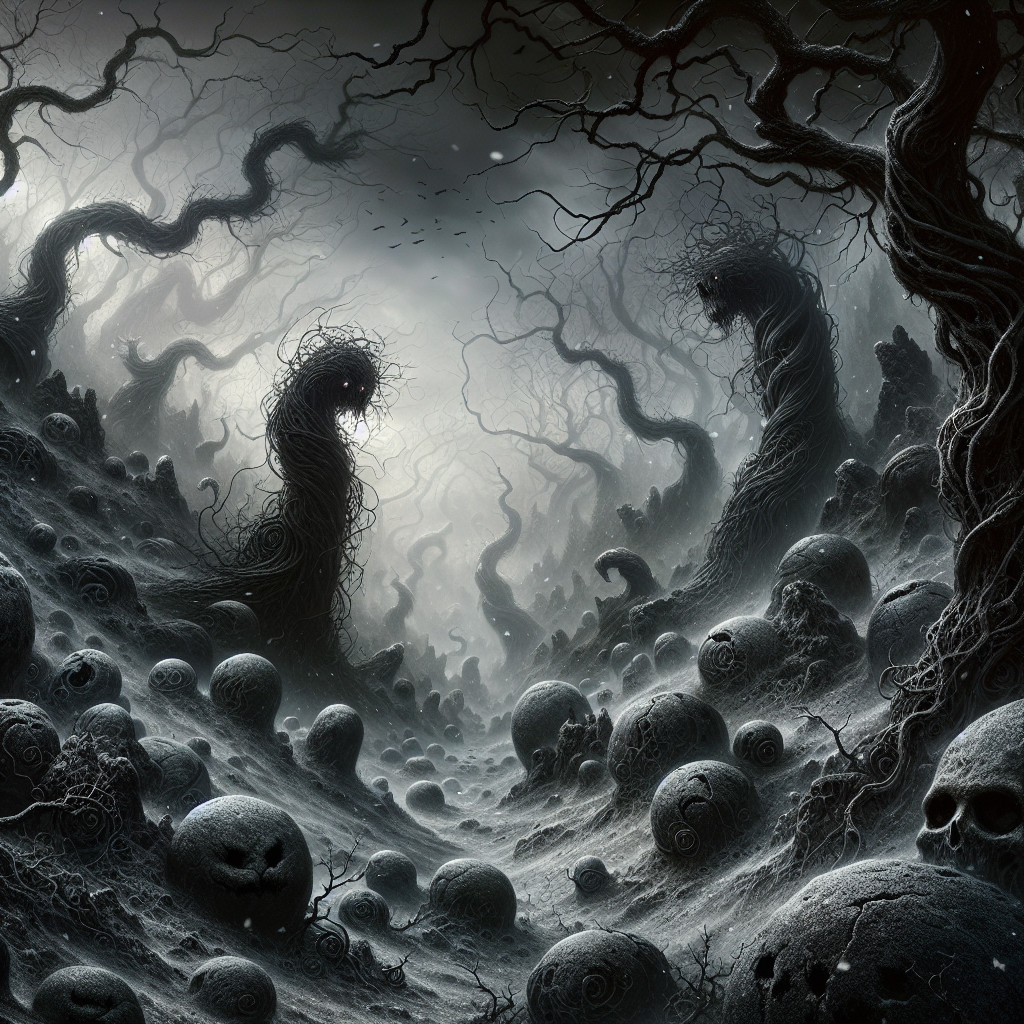 Monochromatic Gothic Horror Landscape with Dark Forest