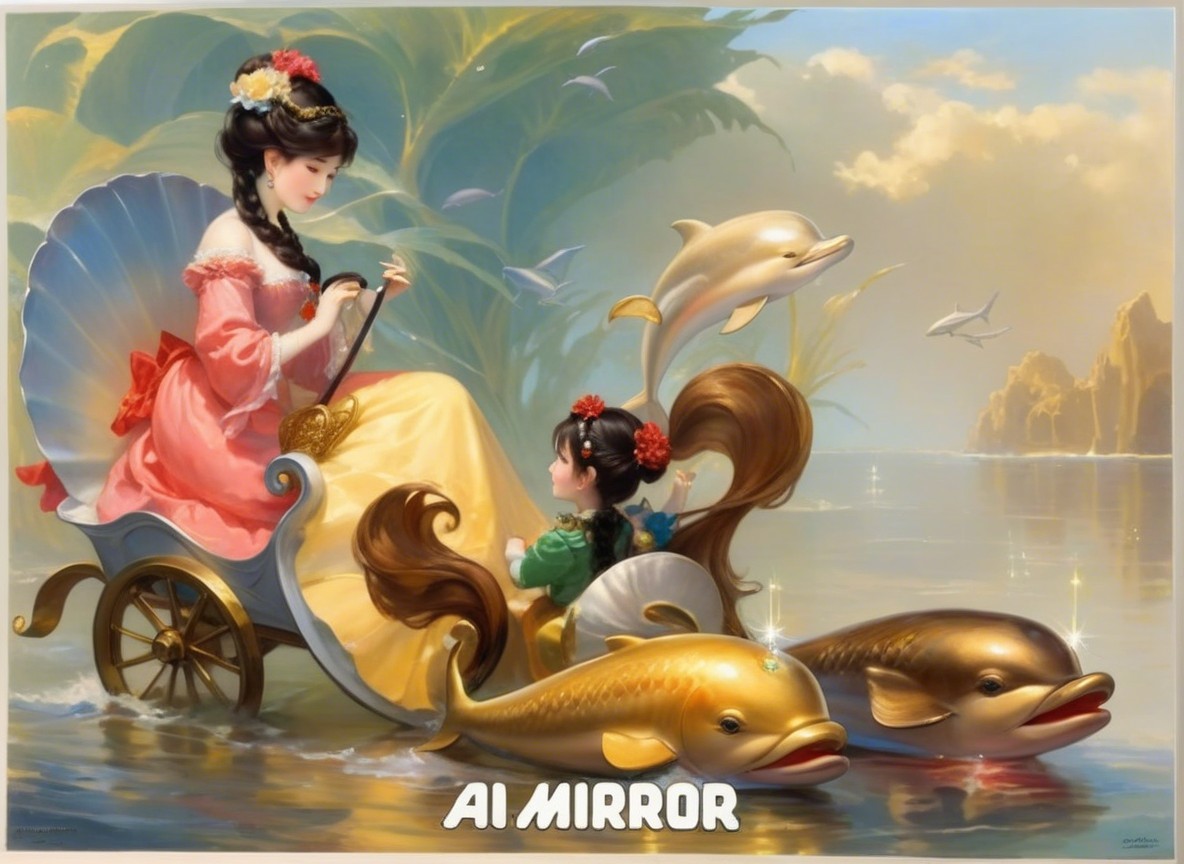 Whimsical Fantasy Scene with Woman and Dolphins