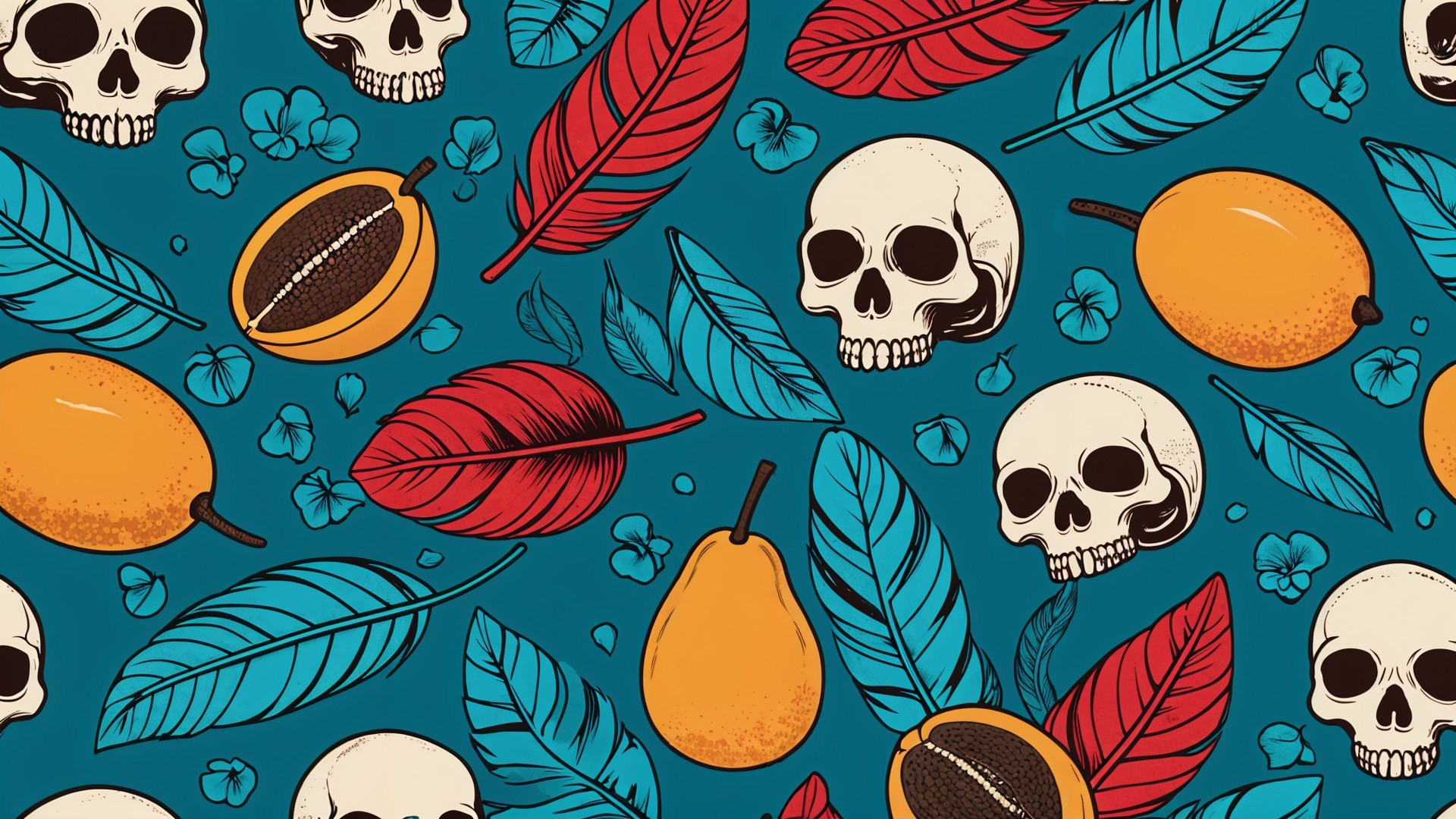 Vibrant Skull and Leaf Pattern with Tropical Fruits