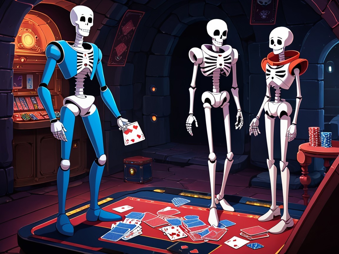Skeletons Playing Cards in a Dimly Lit Dungeon