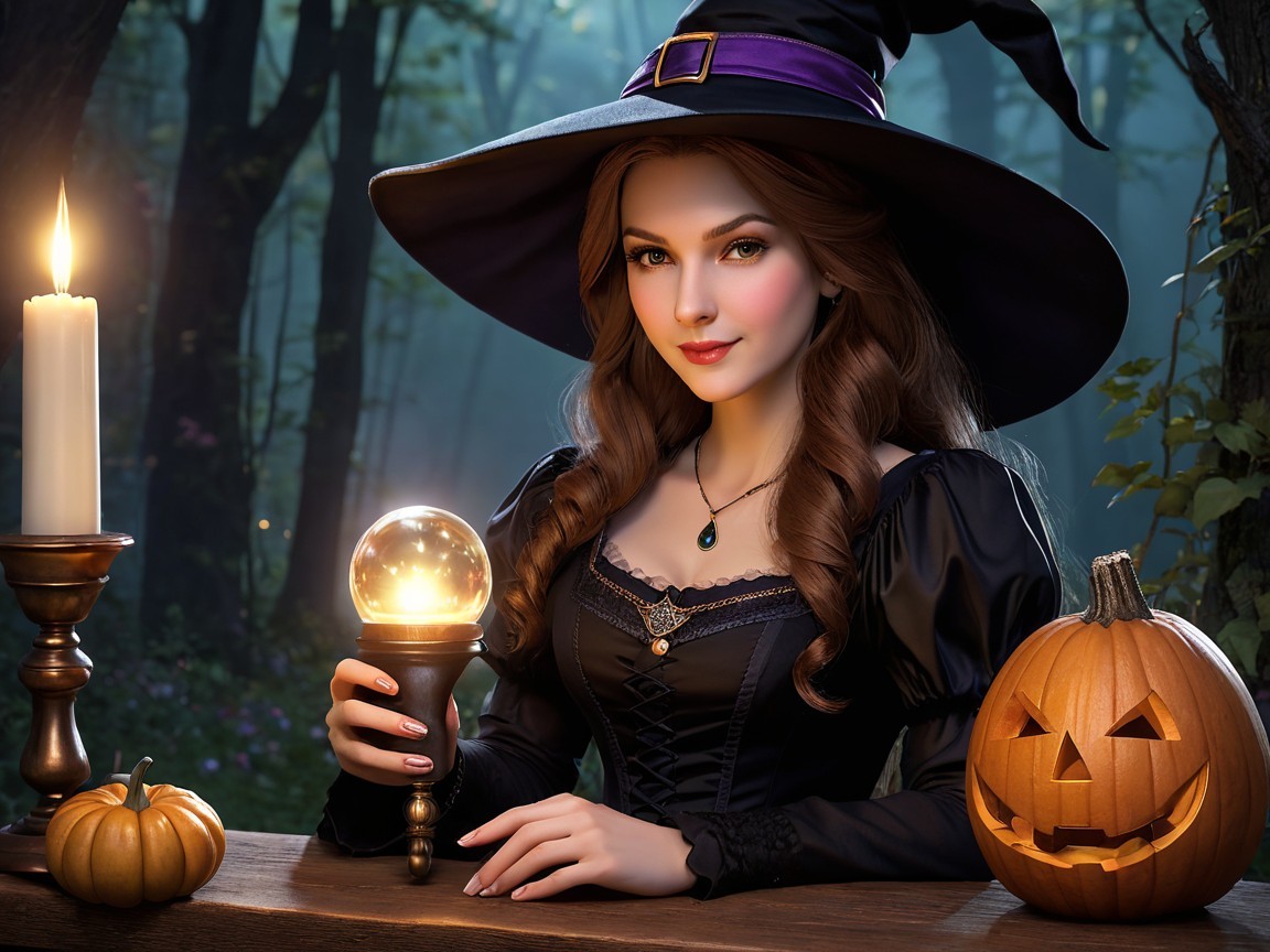 Mysterious Witch in Enchanted Forest with Glowing Orb