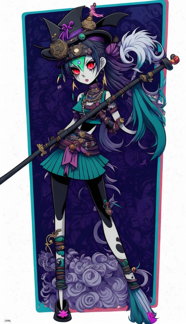 Whimsical Character in Vibrant Teal and Black Outfit