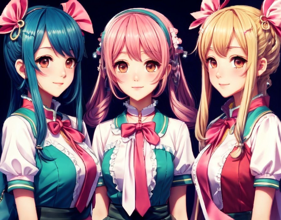 Anime-style girls with teal, pink, and blonde hair