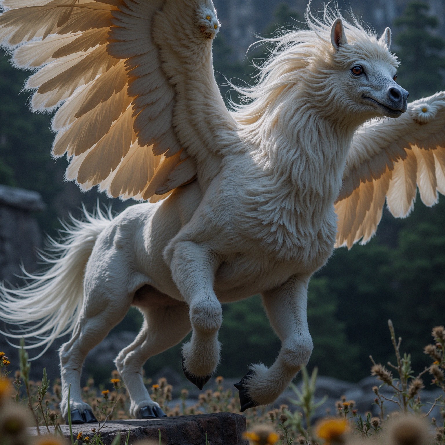 Majestic Horse-Bird Hybrid in Vibrant Meadow Scene
