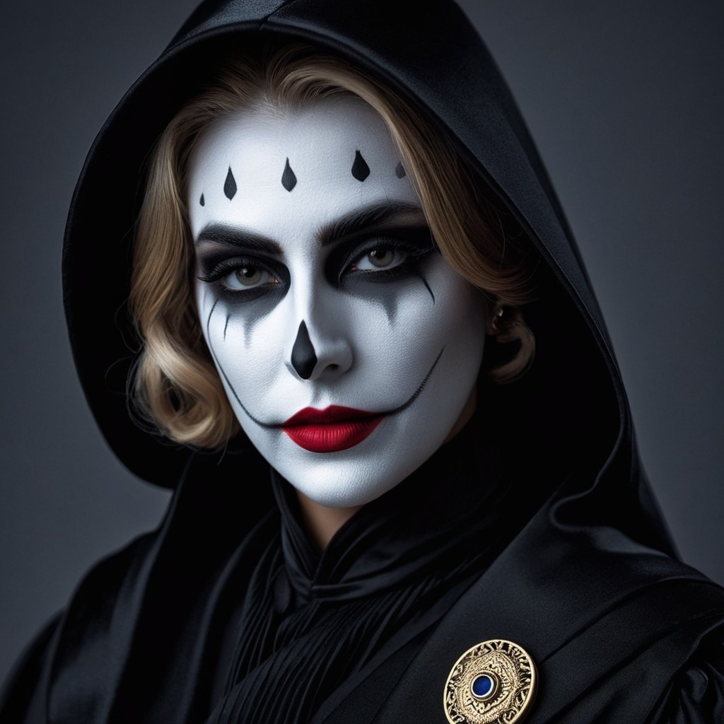 Woman with Skull Makeup and Dark Hooded Garment