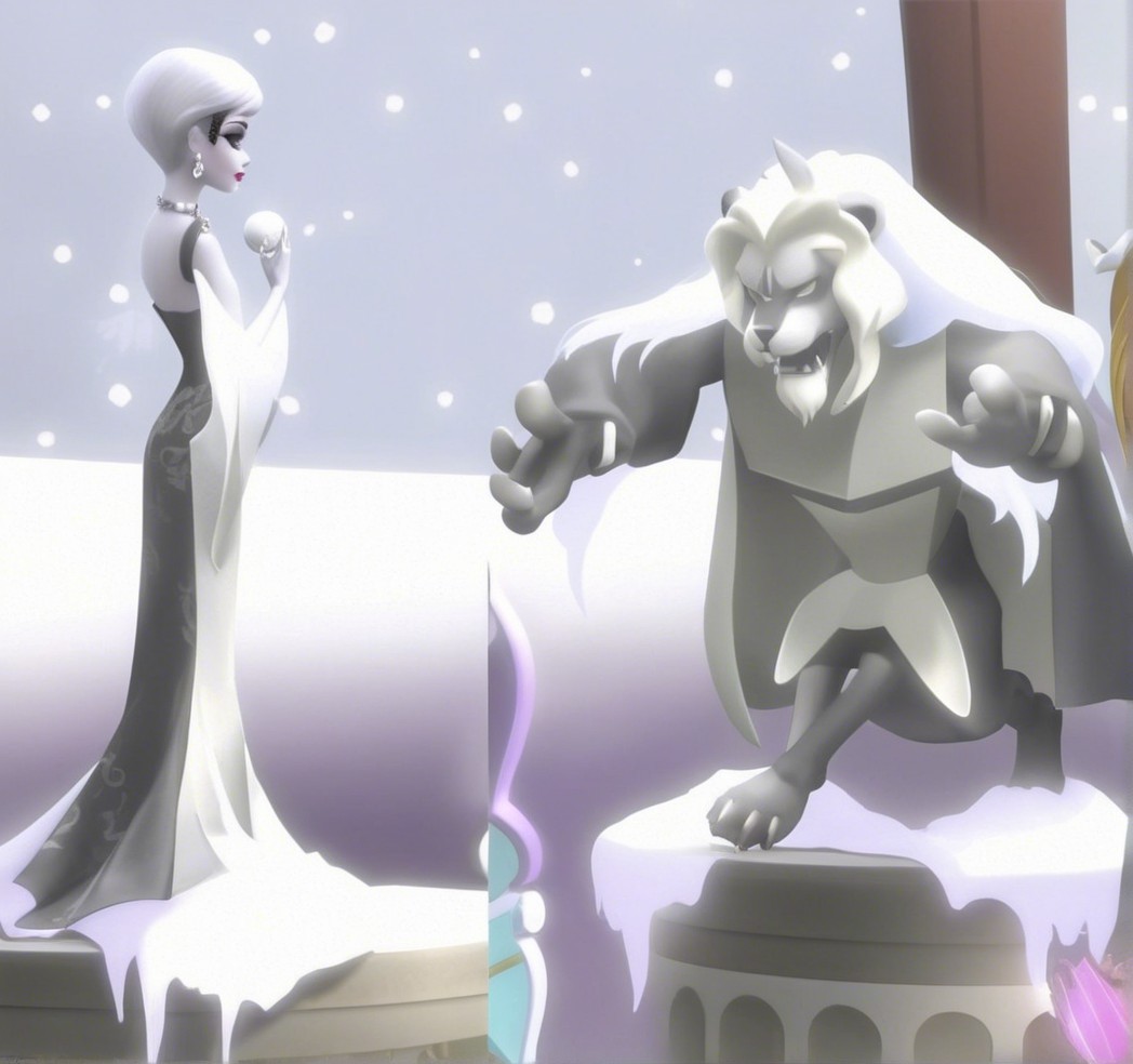 Ice Queen and Lion Statue in Snowy Winter Scene