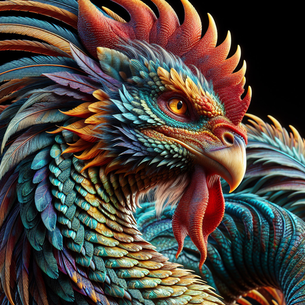 Vibrant Dragon-Rooster Hybrid with Intricate Features