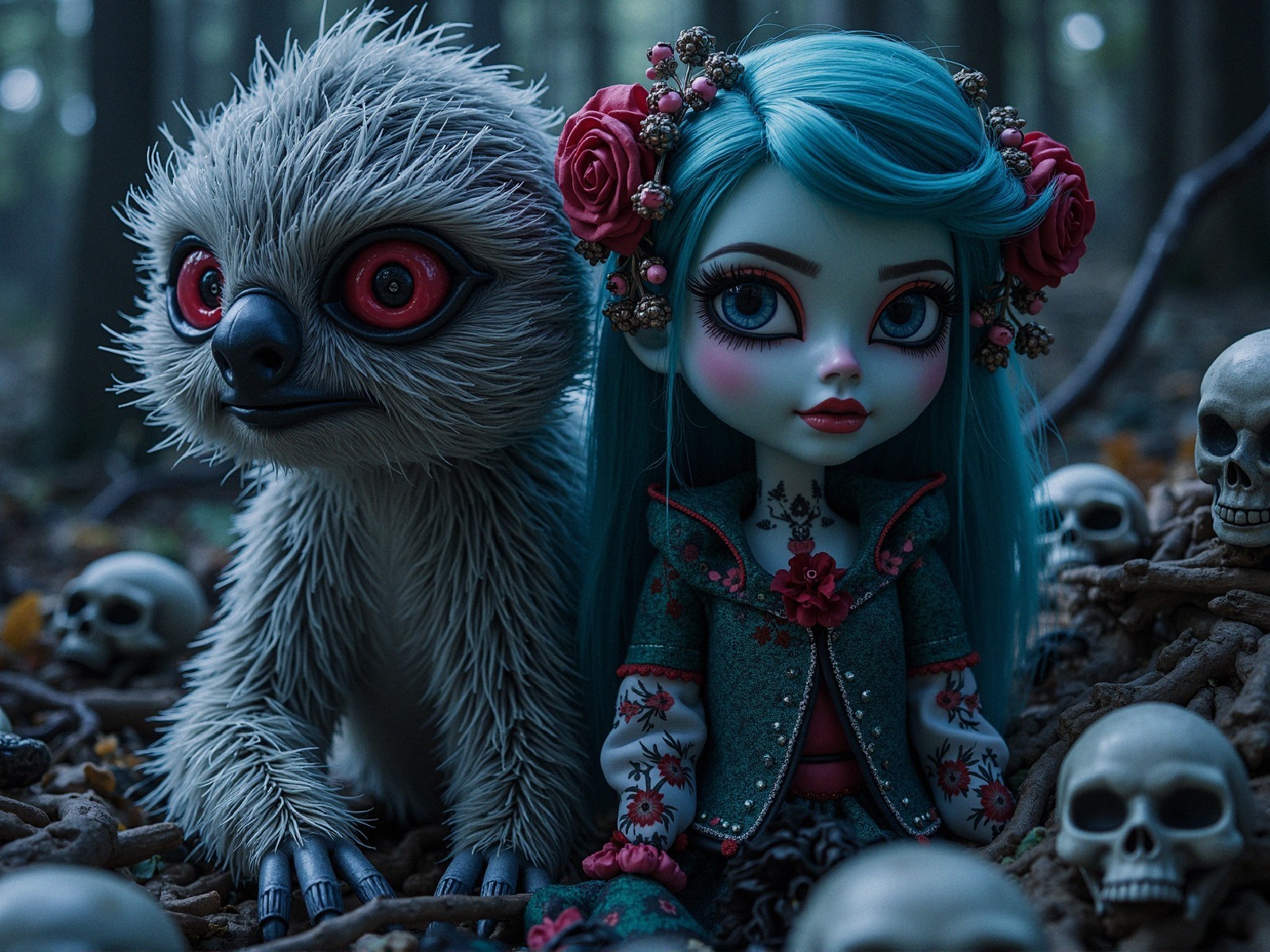 Whimsical Forest Scene with Doll and Owl Creature