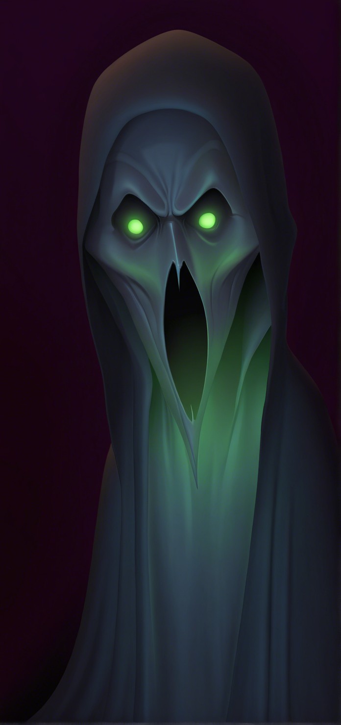 Sinister cloaked figure with glowing eyes and scream