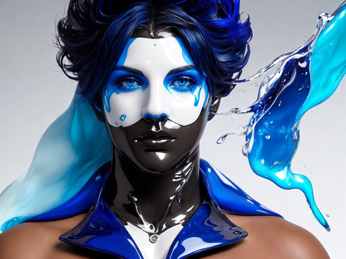Glossy Black-and-White Face with Flowing Blue Liquid