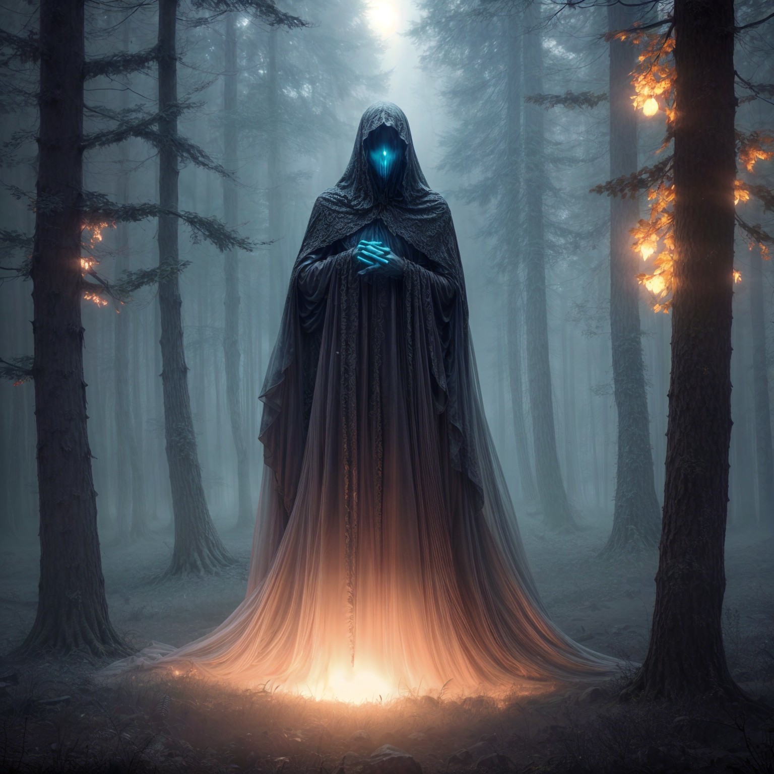 Cloaked Figure in Misty Forest with Glowing Elements