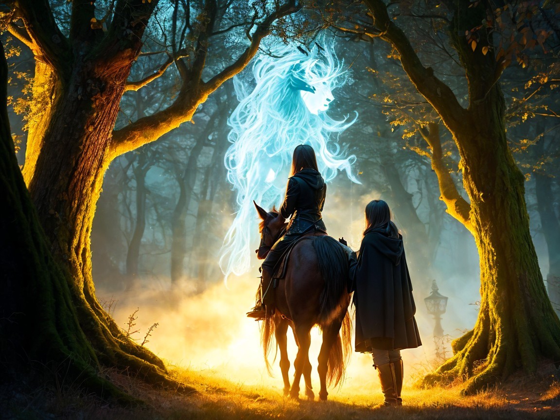 Mystical Forest Scene with Horse and Ethereal Apparition