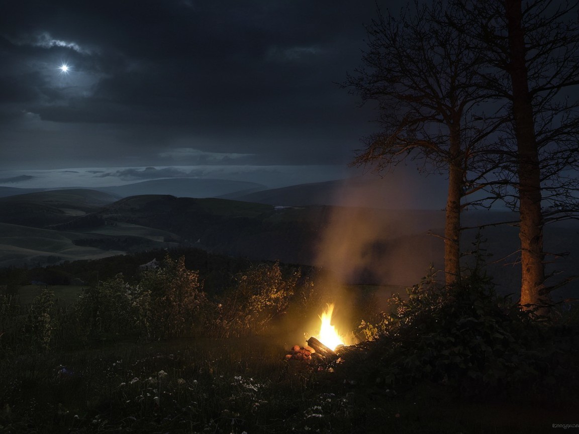 Tranquil Nighttime Campfire Scene with Rolling Hills