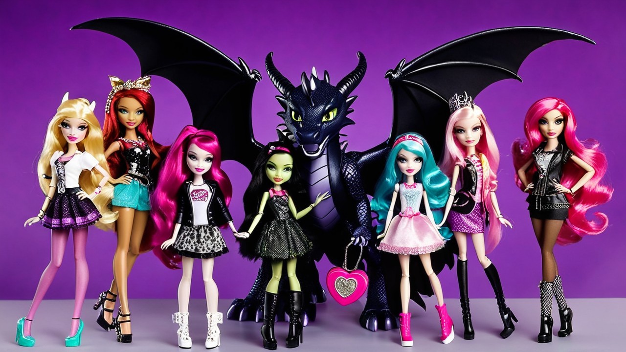 Vibrant Fashion Dolls Displayed with Menacing Dragon