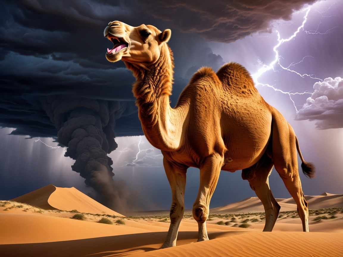 Camel in Desert with Storm Clouds and Tornado
