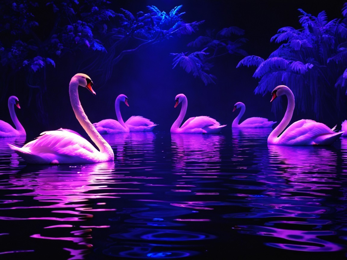 Elegant Swans on Reflective Water in Dreamlike Setting