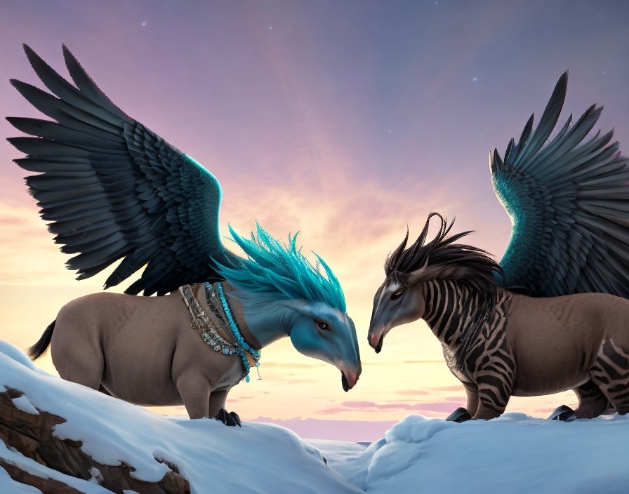 Mythical Creatures in Vibrant Sunset Landscape