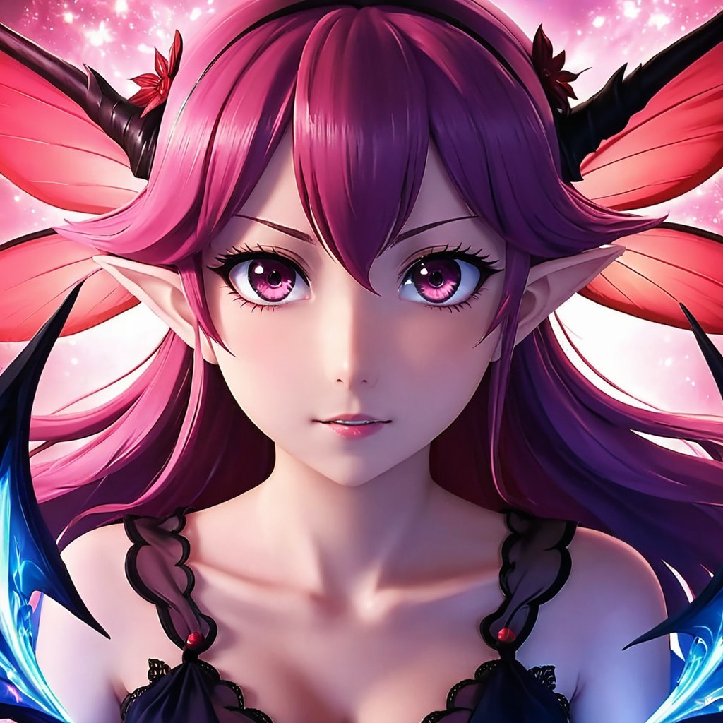 Fantastical character with purple hair and colorful wings